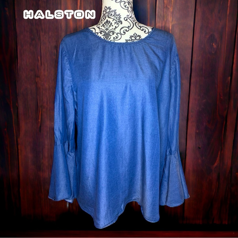 HALSTON Women’s Denim looking Bell Sleeve Blouse- Large
